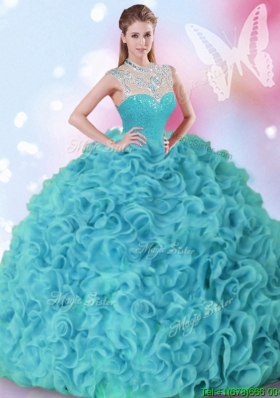 Elegant High Neck Aqua Blue Quinceanera Dress with Beading and Ruffles