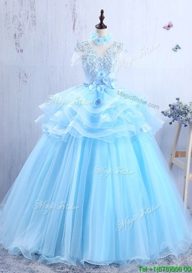 Discount V Neck Applique and Ruffled Quinceanera Gown in Light Blue