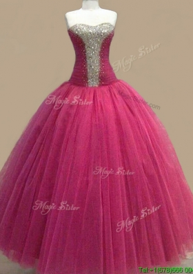 Elegant Beaded Sweetheart Fuchsia Quinceanera Gown in Tulle