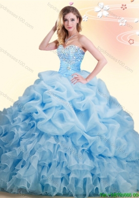 Exquisite Pick Ups and Beaded Organza Quinceanera Dress in Baby Blue