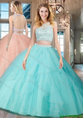 Discount Two Piece See Through Scoop Open Back Aquamarine Quinceanera Dress