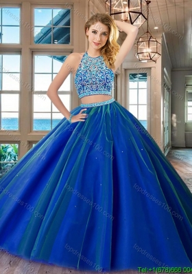Unique Two Piece Royal Blue Open Back Quinceanera Dress in Tulle