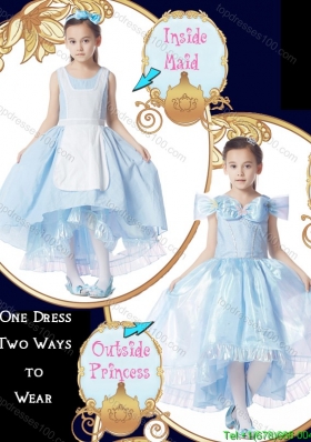 Fashionable Light Blue Bowknot Detachable Sleeves Halloween Little Girl Pageant Dress with Scoop