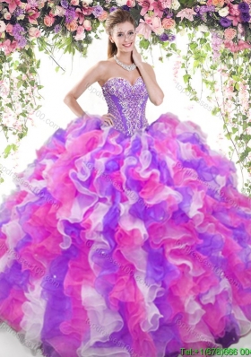 Discount Beaded and Ruffled Organza Quinceanera Dress in Rainbow