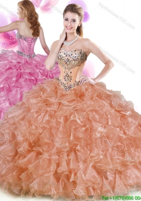 Fashionable Rust Red Organza Quinceanera Gown with Beading and Ruffles