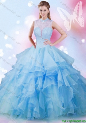 Latest Beaded and Ruffled Baby Blue Sweet 16 Dress in Tulle
