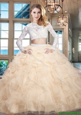 Most Popular Long Sleeves Organza Laced Quinceanera Dress in Champagne
