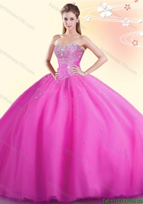 New Style Beaded Hot Pink Big Puffy Quinceanera Dress in Tulle