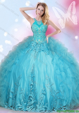 Popular Ruffled and Applique Halter Top Quinceanera Dress in Aqua Blue