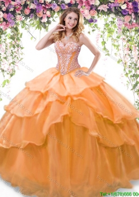 Pretty Ruffled Layers and Beaded Orange Quinceanera Dress in Organza