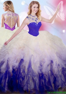 See Through High Neck Beaded and Ruffled Quinceanera Dress in Two Tone