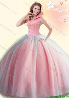 Wonderful High Neck Beaded Backless Quinceanera Dress in Watermelon Red