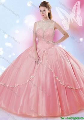 See Through High Neck Really Puffy Quinceanera Gown with Beading