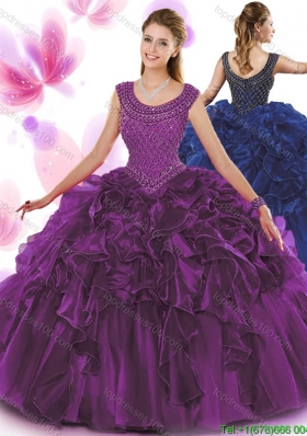 Popular Beaded and Ruffled Scoop Quinceanera Dress in Dark Purple