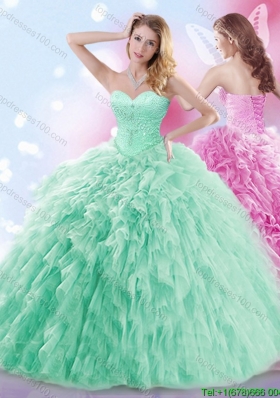 Beautiful Beaded and Ruffled Tulle Quinceanera Dress in Apple Green