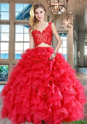 Designer V Neck Ruffled and Laced Bodice Organza Red Quinceanera Dress