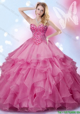 Exquisite Rose Pink Quinceanera Dress with Ruffles and Beading for Summer
