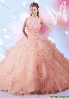 Inexpensive High Neck Big Puffy Quinceanera Dress with Beading and Ruffles