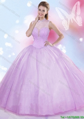 See Through High Neck Lilac Quinceanera Dress with Beading for Spring