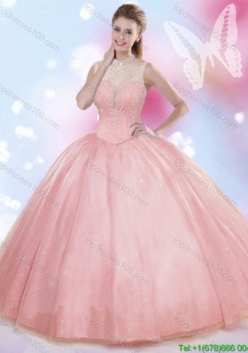 Discount High Neck Beaded Watermelon Red Quinceanera Dress in Tulle