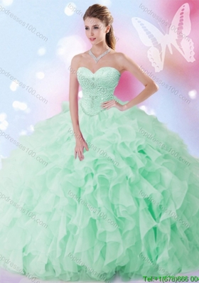 Wonderful Beaded and Ruffled Apple Green Sweet 16 Dress in Organza