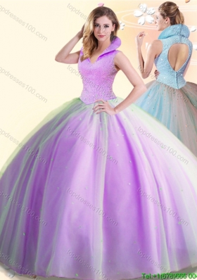 New Style High Neck Beaded Quinceanera Dress in Lilac