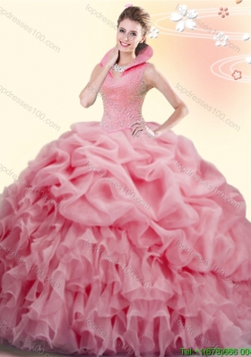 Romantic Beaded and Pick Ups Watermelon Red Quinceanera Dress with Brush Train