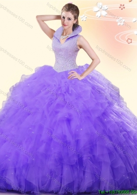 Romantic Ruffled and Beaded High Neck Quinceanera Dress in Tulle