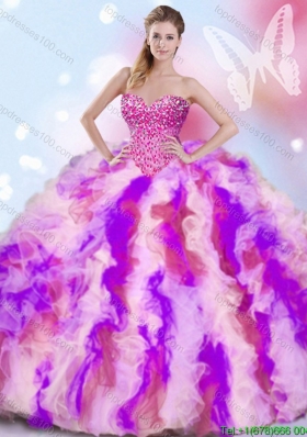 Hot Sale Beaded Bodice and Ruffled Quinceanera Dress in Rainbow Color