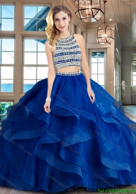 Unique Two Piece Open Back Royal Blue Quinceanera Dress with Beading