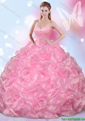 New Arrivals Rose Pink Rolling Flowers Quinceanera Dress with Beading