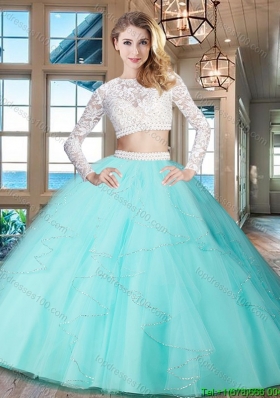Designer See Through Zipper Up Aqua Blue Quinceanera Dress with Long Sleeves