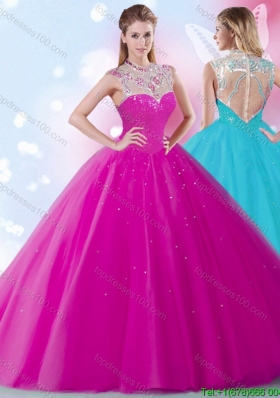 Popular High Neck Fuchsia Quinceanera Dress with Beading and Sequins