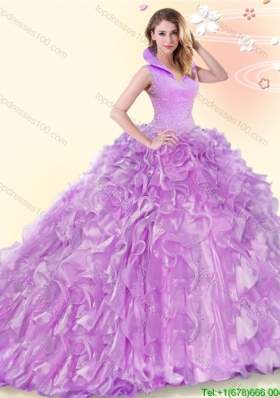 Beautiful Lilac High Neck Quinceanera Dress with Beading and Ruffles