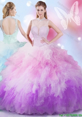 Fashionable High Neck Rainbow Quinceanera Dress with Beading and Ruffles