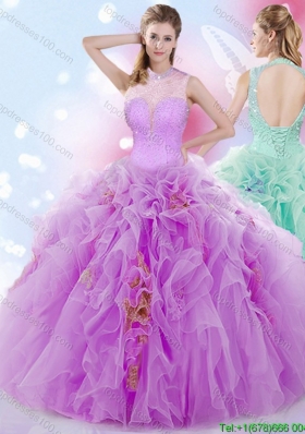 Hot Sale High Neck Beaded and Ruffled Quinceanera Dress in Lilac