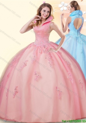 Modest High Neck Backless Sweet 16 Dress with Beading and Appliques