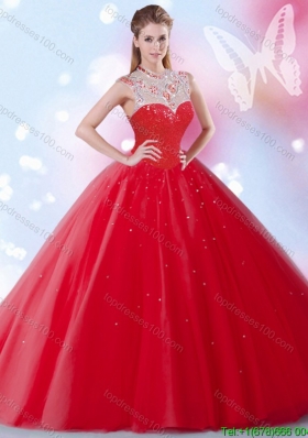 See Through High Neck Beaded and Sequined Zipper Up Red Quinceanera Gown