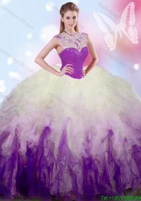 Two Tone High Neck Beaded and Ruffled Quinceanera Dress in Tulle