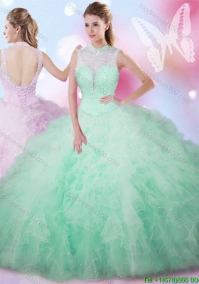 Unique High Neck Apple Green Quinceanera Dress with Beading and Ruffles