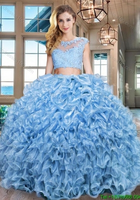 Cheap Two Piece Ruffled and Beaded Zipper Up Quinceanera Gown in Baby Blue