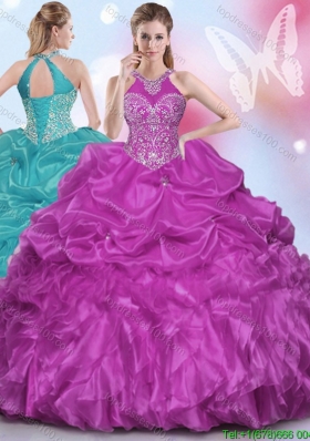 Discount Halter Top Applique and Ruffled Quinceanera Dress in Fuchsia