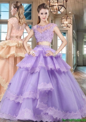 Lovely Tulle Lavender Quinceanera Dress with Ruffled Layers and Lace Appliques