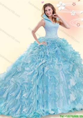 Affordable Organza Baby Blue Quinceanera Dress with Ruffles and Beading