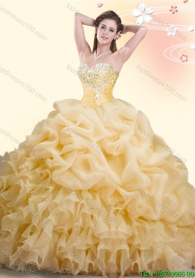 Beautiful Brush Train Gold Quinceanera Dress with Pick Ups and Beading