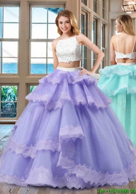 Cheap Straps Beaded Two Piece Backless White and Purple Two Piece Quinceanera Dresses