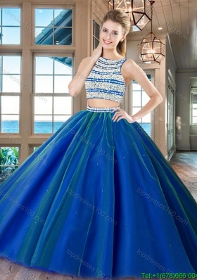 Modest Big Puffy Scoop Tulle Open Back Quinceanera Dress in Royal Blue