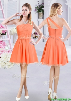 Exclusive Ruched One Shoulder Orange Short Dama Dress in Chiffon