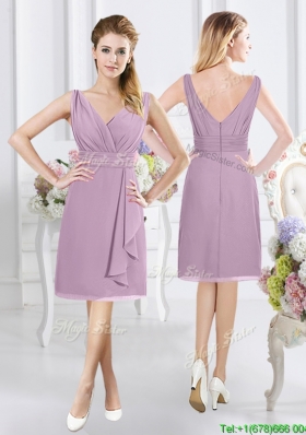 2017 Popular V Neck Knee Length Lavender Dama Dress with Ruching