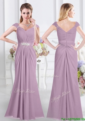 Classical V Neck Column Cap Sleeves Dama Dress with Ruching and Beading